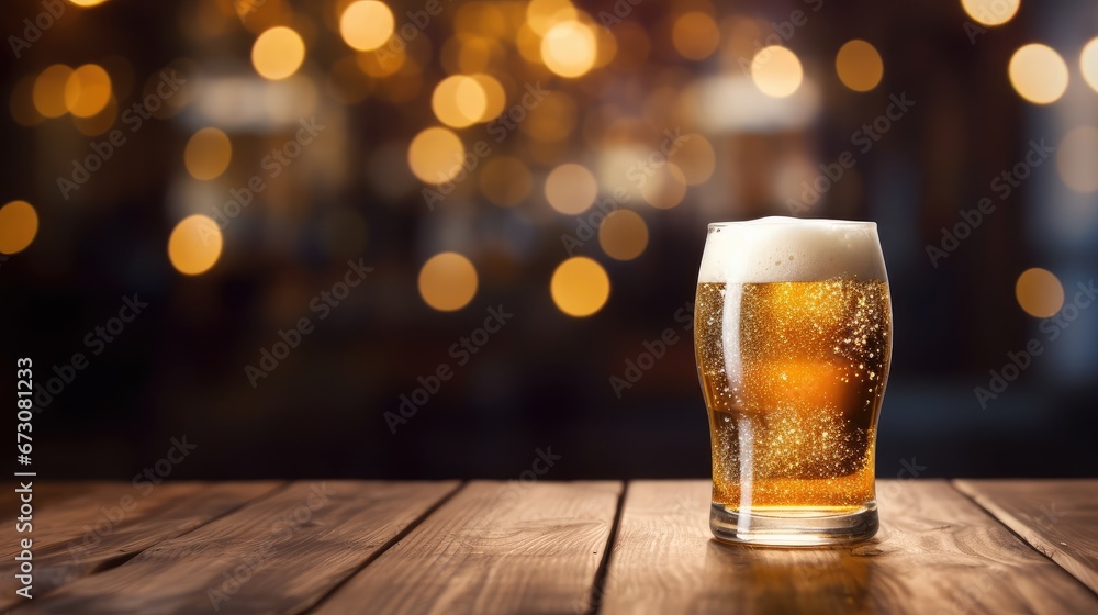 Beer glasses on wooden table, blurred lights, Generative Ai Beer glasses on wooden table, blurred lights, Generative Ai