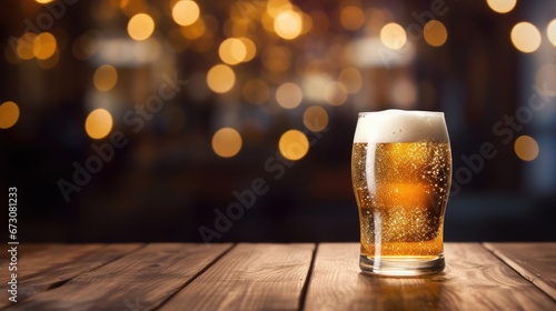 Beer glasses on wooden table, blurred lights, Generative Ai