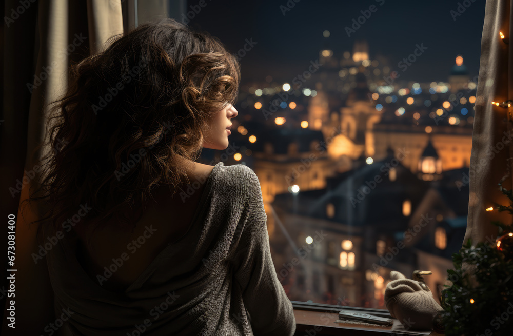 Woman looks out the window at night