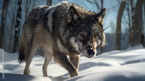 AI generated illustration of a majestic gray wolf walking across a winter landscape