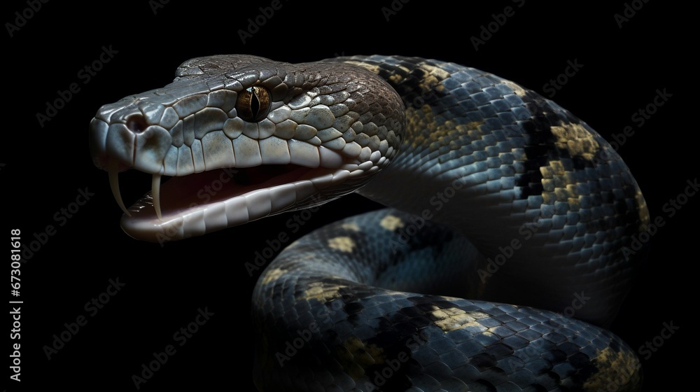 AI generated illustration of a beautiful black snake isolated on a black background AI generated illustration of a beautiful black snake isolated on a black background
