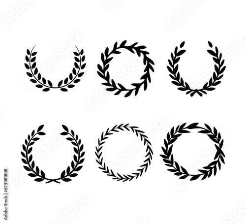black laurel wreath round frame icon vector set