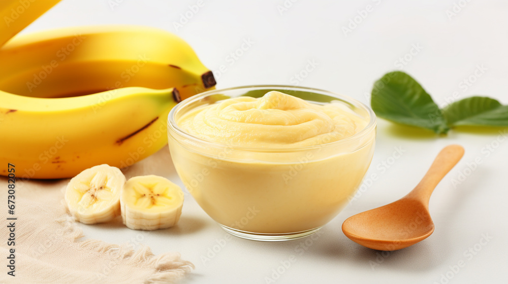Banana puree. selective focus. close-up. Generative AI Banana puree. selective focus. close-up. Generative AI