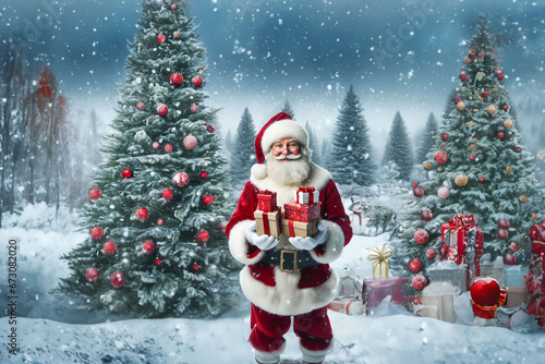 Père Noël traditionnel en habit de velours rouge et fourrure blanche avec son chapeau à pompon, dans une forêt enneigée avec la neige qui tombe avec des cadeaux, devant des sapins photo