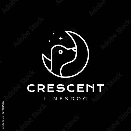 night crescent with dog portrait simple style line minimal mascot character cartoon logo design vector icon illustration