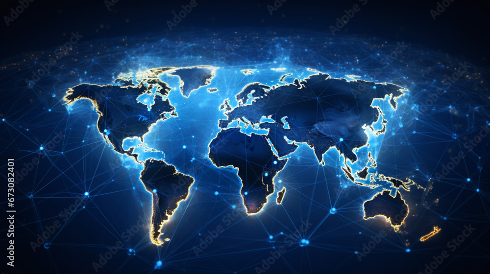 Obraz premium World interactive map displaying global network of users. Futuristic technology transformation. Banner.