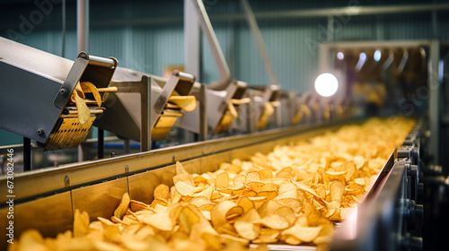 Potato chips production line at the factory. potato chips and snacks. Generative AI