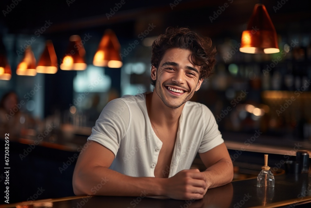 handsome smiling guy drinking a beer in a pub handsome smiling guy drinking a beer in a pub