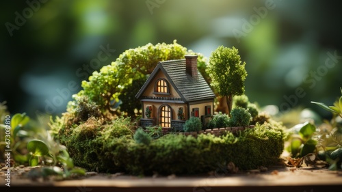 Miniature model of an eco-friendly house with trees