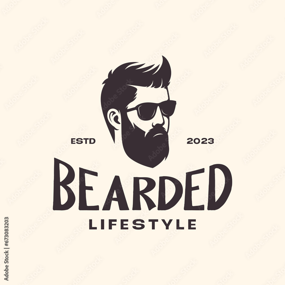 cool man portrait bearded hairstyle sunglasses mascot character vintage retro style logo design vector illustration