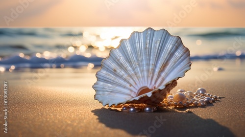 seashell on the beach at sunset generated by AI