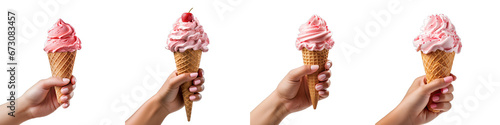 Female hand holding strawberry ice cream cone  Hyperrealistic Highly Detailed Isolated On Transparent Background Png File
