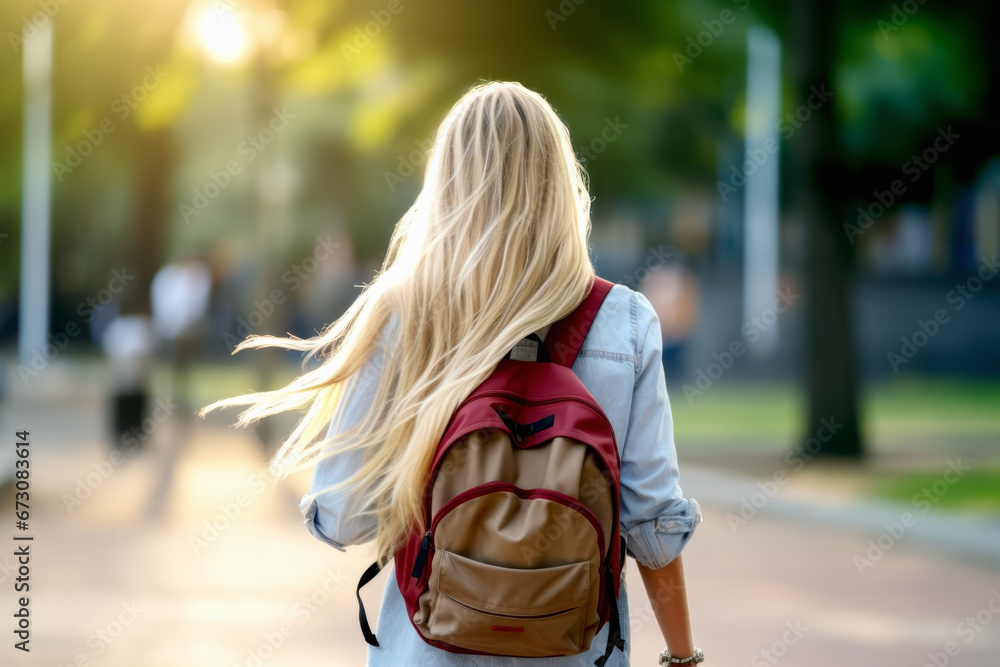 Rear view of a student girl carrying school bag while walking in background of school campus. Education concept of school and study.