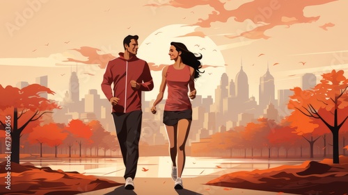 Happy couple jogging together and enjoying autumn with smiles photo