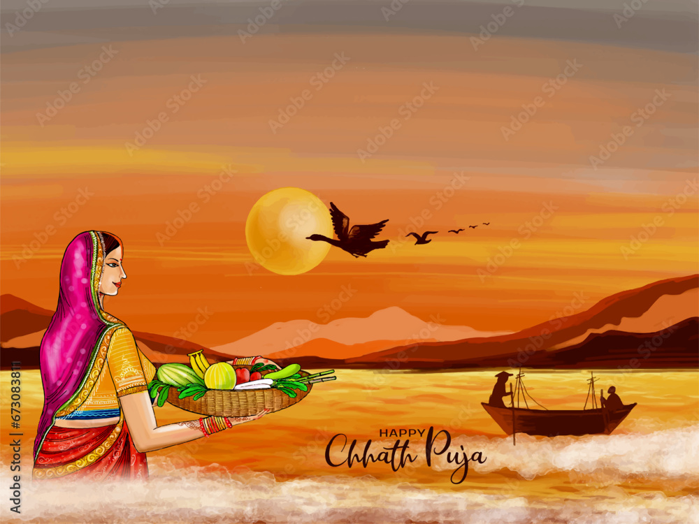 Obraz premium Happy Chhath puja Indian festival celebration greeting card