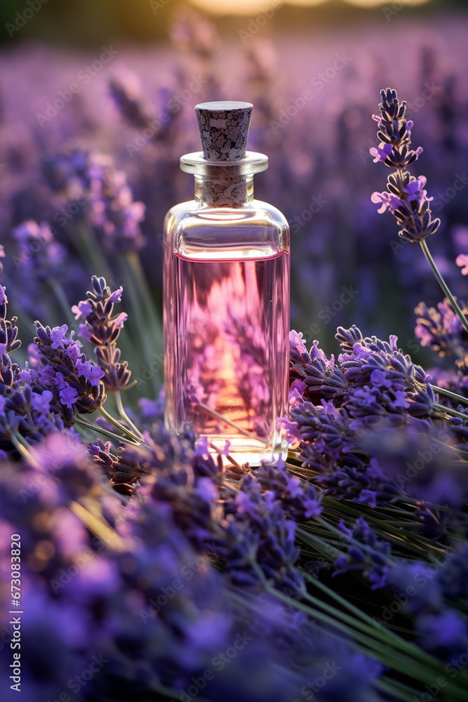 Glass bottle of lavender essential oil with fresh lavender flowers in lavender field. Generative AI