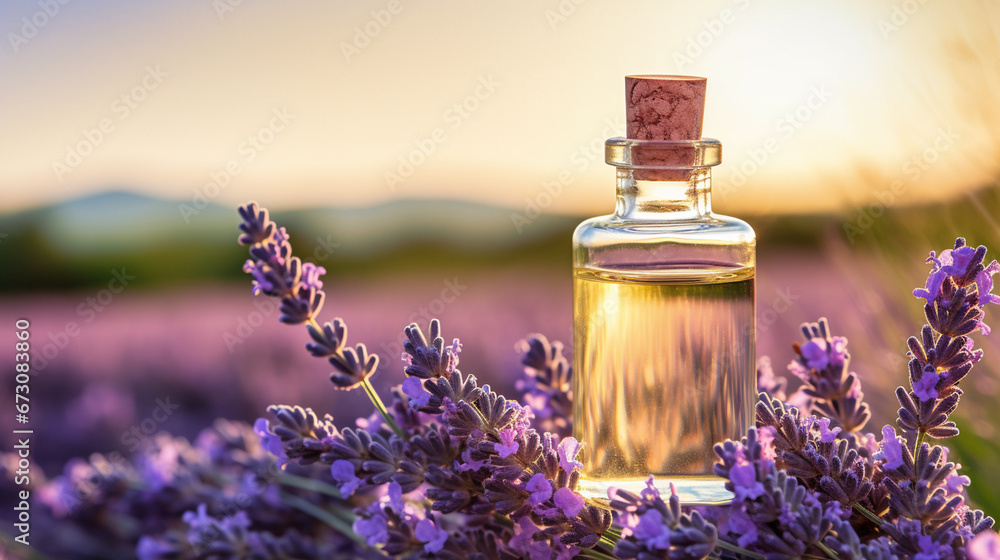 Glass bottle of lavender essential oil with fresh lavender flowers in lavender field. Generative AI Glass bottle of lavender essential oil with fresh lavender flowers in lavender field. Generative AI
