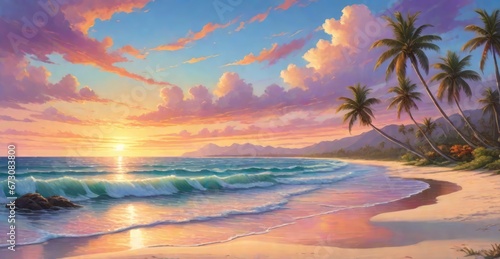 Fototapeta Naklejka Na Ścianę i Meble -  sunset on the beach With palm tree . illustration