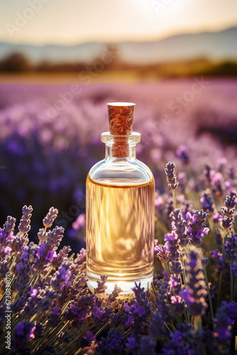 Glass bottle of lavender essential oil with fresh lavender flowers in lavender field. Generative AI