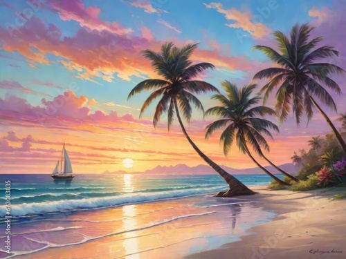 sunset on the beach With palm tree . illustration