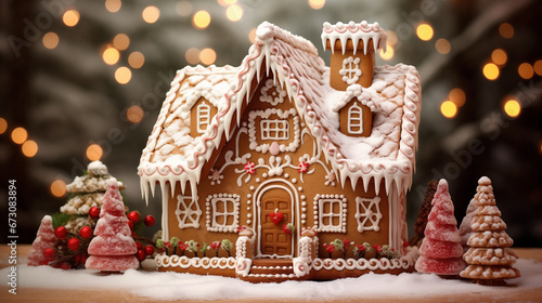 A Gingerbread house kit, Christmas on bokeh background.