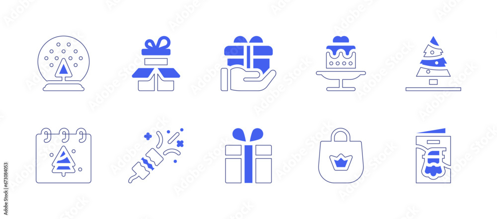 Christmas icon set. Duotone style line stroke and bold. Vector illustration. Containing snow globe, calendar, cake, christmas tree, gift, gift bag, greeting card, confetti.