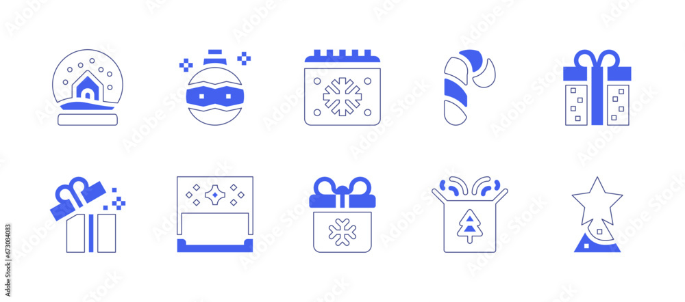 Christmas icon set. Duotone style line stroke and bold. Vector illustration. Containing christmas ball, gift, christmas day, christmas candy, christmas lights, star, gift box, snow globe.