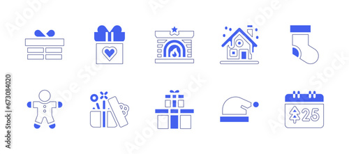 Christmas icon set. Duotone style line stroke and bold. Vector illustration. Containing gift, santa hat, gingerbread man, fireplace, house, christmas sock, calendar.
