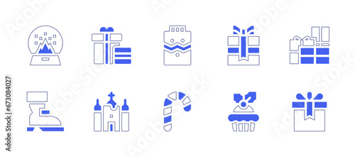 Christmas icon set. Duotone style line stroke and bold. Vector illustration. Containing sweater, present, candy, christmas present, snow ball, boot, gift, presents, church.