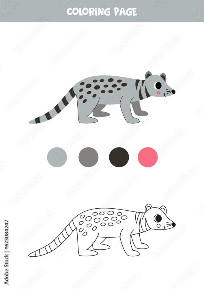 Color cute cartoon gray civet. Worksheet for kids.