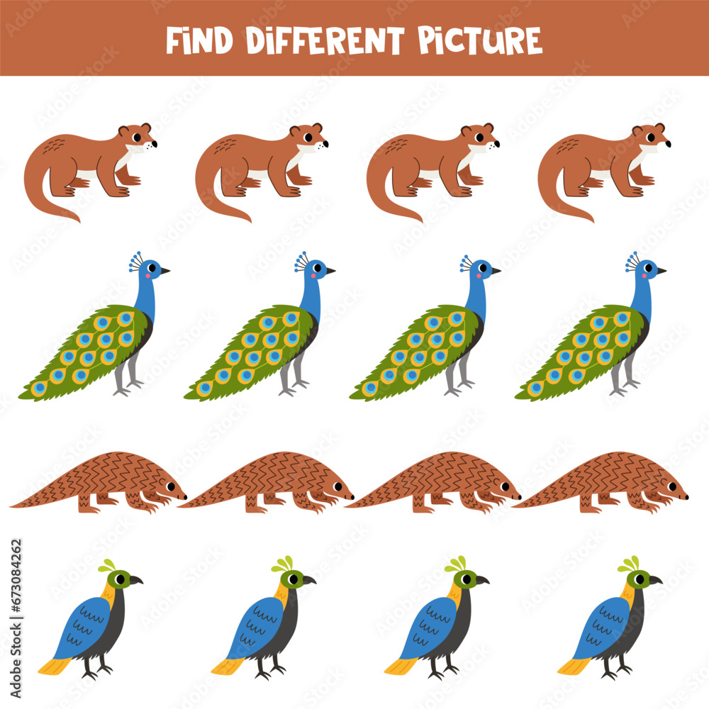 Naklejka premium Find different Asian animal in each row. Logical game for preschool kids.