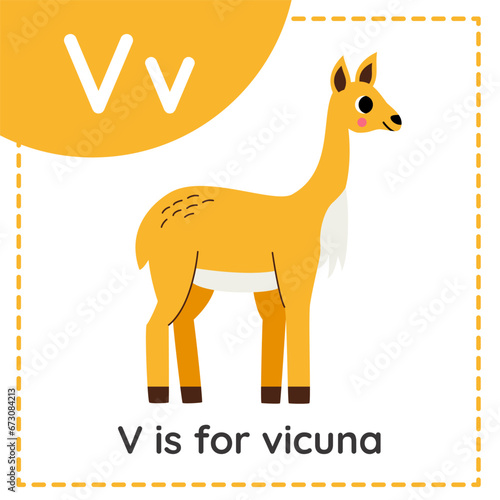 Learning English alphabet for kids. Letter V. Cute cartoon vicuna.