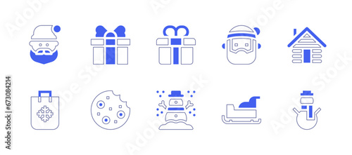 Christmas icon set. Duotone style line stroke and bold. Vector illustration. Containing santa claus, snowman, sled, gift, shopping bag, cabin, cookie.
