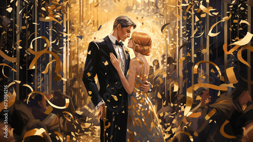 Couple at Art Deco New Year's Eve Party Celebration Golden Gatsby Style Early 20th Century Banner Fashion Illustration 