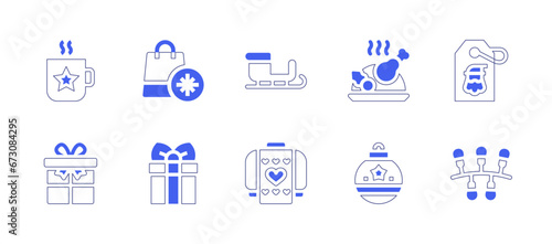 Christmas icon set. Duotone style line stroke and bold. Vector illustration. Containing cocoa, gift box, sleigh, roast chicken, tag, sweater, christmas ball, christmas lights, shopping bag.