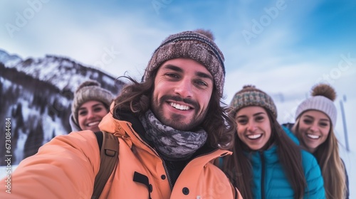 Group of friends in winter clothes smiling and having fun in the snow mountain on a ski holiday.