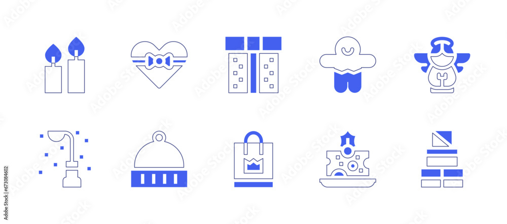Christmas icon set. Duotone style line stroke and bold. Vector illustration. Containing winter hat, gift, candles, angel, street light, shopping bag, gingerbread man, cheese.