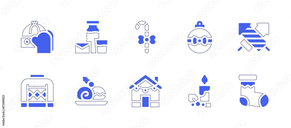 Christmas icon set. Duotone style line stroke and bold. Vector illustration. Containing fireworks, sock, bauble, christmas candle, candy cane, decoration, milk, hat, roll cake, sweater.