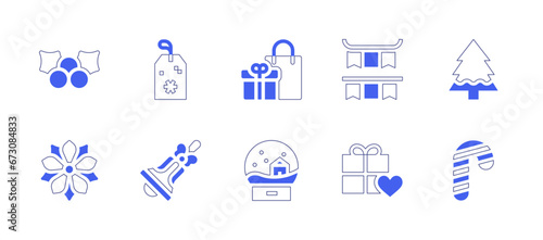 Christmas icon set. Duotone style line stroke and bold. Vector illustration. Containing christmas, christmas present, giftbox, mistletoe, gifts, pine tree, poinsettia, snowball, candy cane.
