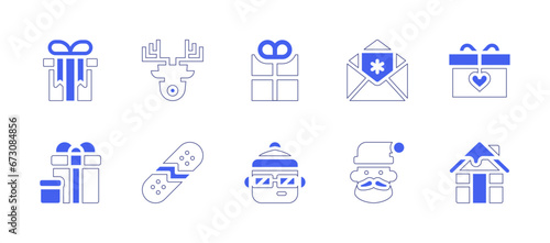 Christmas icon set. Duotone style line stroke and bold. Vector illustration. Containing gift, invitation, man, santa claus, presents, reindeer, snowboard, cabins.