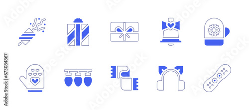 Christmas icon set. Duotone style line stroke and bold. Vector illustration. Containing gift, lights, party popper, present, mitten, scarf, snowboard, wedding bells, earmuffs.
