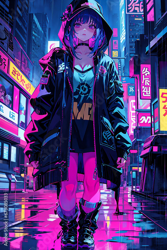 cyberpunk girl rain retro city