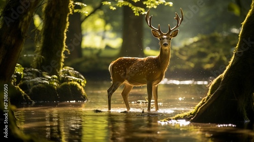 AI generated illustration of a beautiful deer serenely in a woodland forest with a tranquil lake © Wirestock