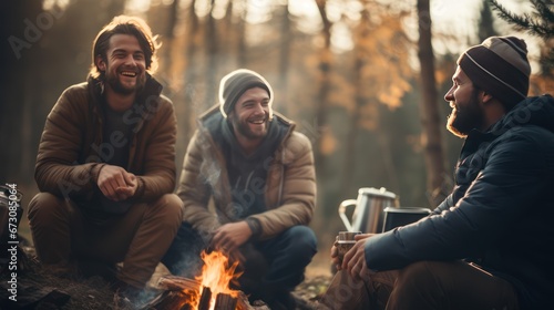 Bearded men gather around campfire sharing stories and laughing against tent in autumn forest
