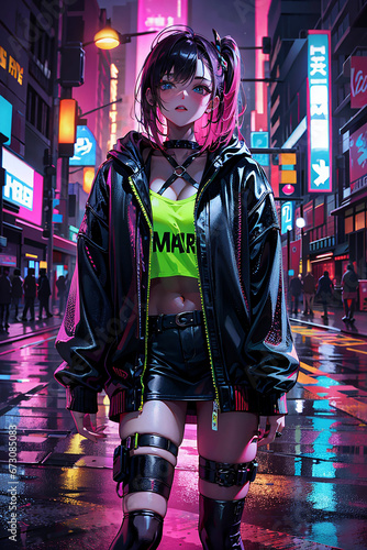 cyberpunk girl rain retro city