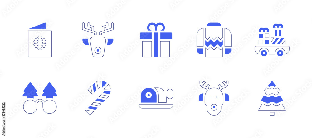 Christmas icon set. Duotone style line stroke and bold. Vector illustration. Containing christmas tree, christmas card, glasses, car, deer, present, candy cane, ham leg, sweater, rudolf.