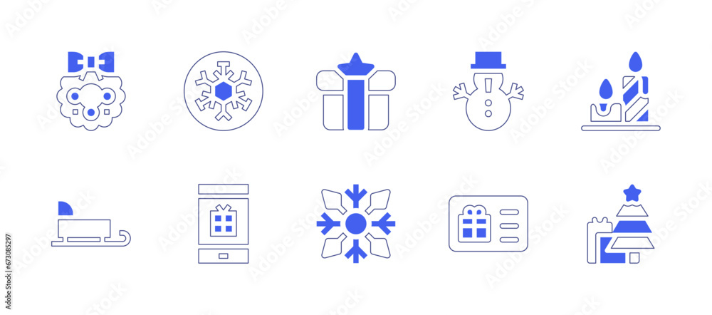 Christmas icon set. Duotone style line stroke and bold. Vector illustration. Containing candle, christmas tree, christmas wreath, sledge, snowflake, gift, snowman, gift card.