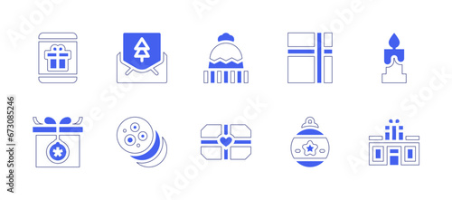 Christmas icon set. Duotone style line stroke and bold. Vector illustration. Containing candle, gift shop, gift, bauble, winter hat, christmas card, cookie, christmas present.