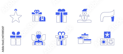 Christmas icon set. Duotone style line stroke and bold. Vector illustration. Containing star, christmas present, hair, toys, snowman, present, gift, fairy.