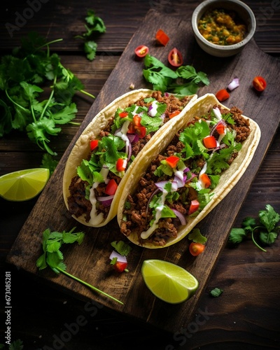 AI generated illustration of Mexican tacos served on a rustic wooden cutting board